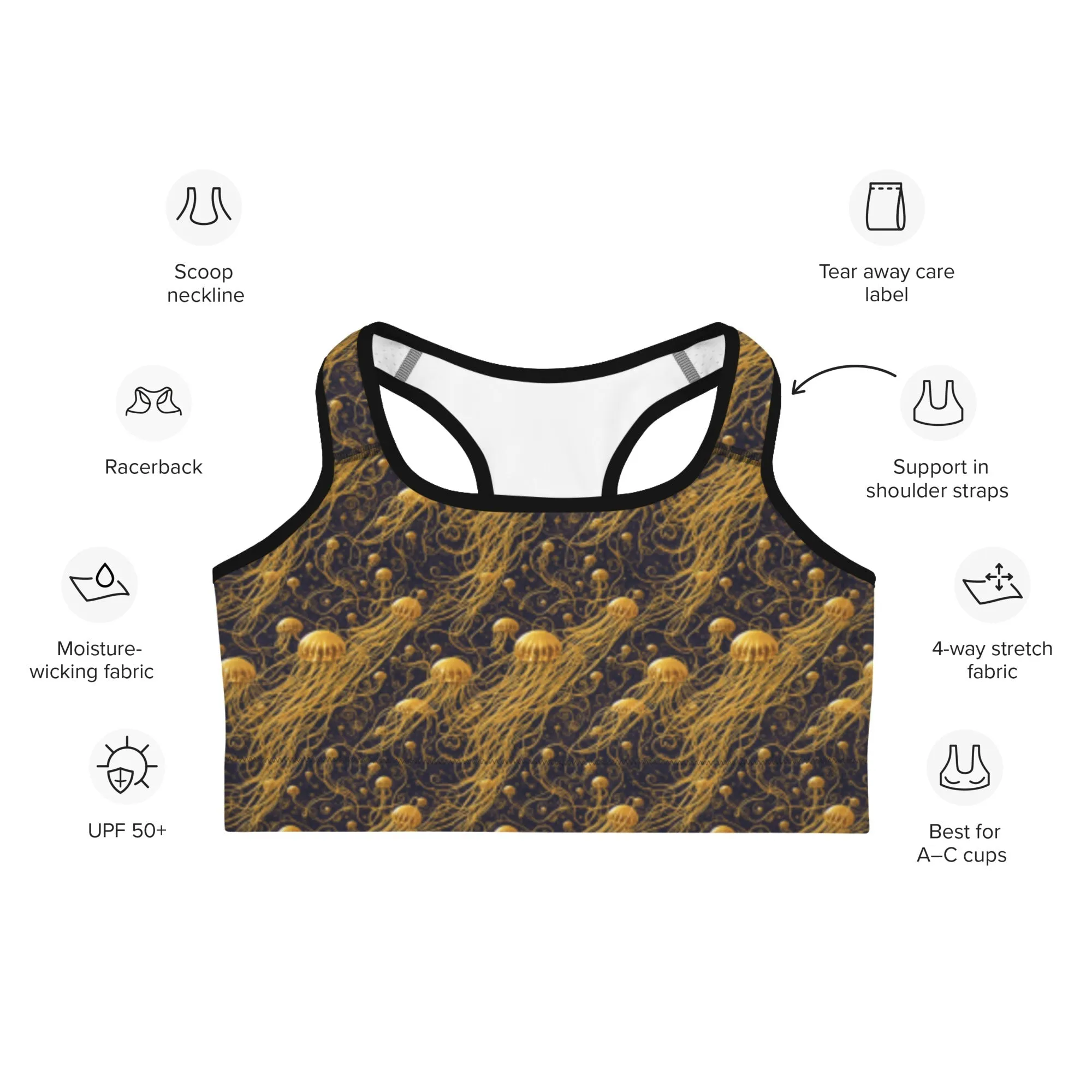 Sports bra - Black and Gold Jellyfishes