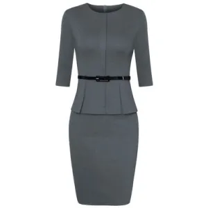 Spring Vintage Elegant Work Wear with Belt Peplum vestidos Business Party Bodycon Office Career Dress for Women