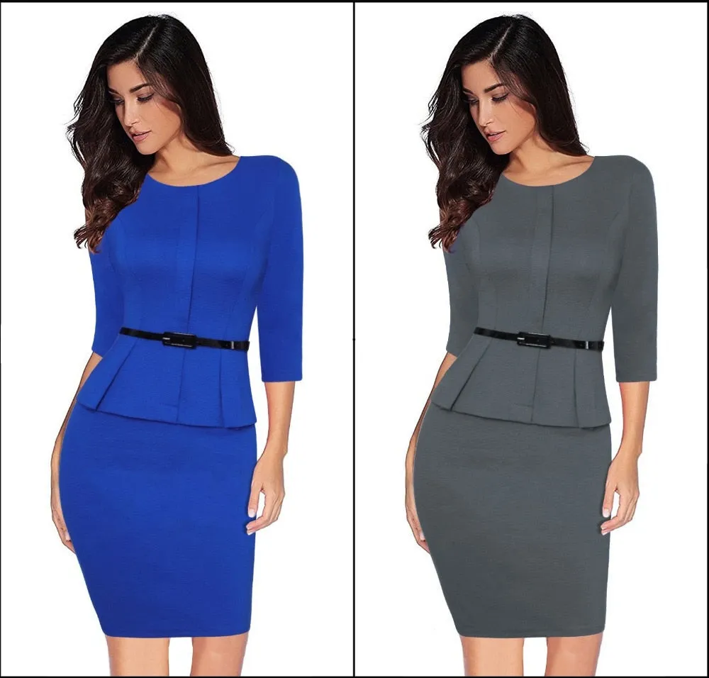 Spring Vintage Elegant Work Wear with Belt Peplum vestidos Business Party Bodycon Office Career Dress for Women