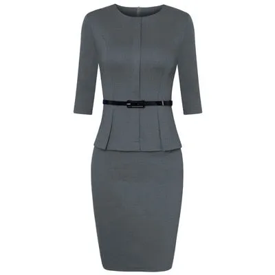 Spring Vintage Elegant Work Wear with Belt Peplum vestidos Business Party Bodycon Office Career Dress for Women