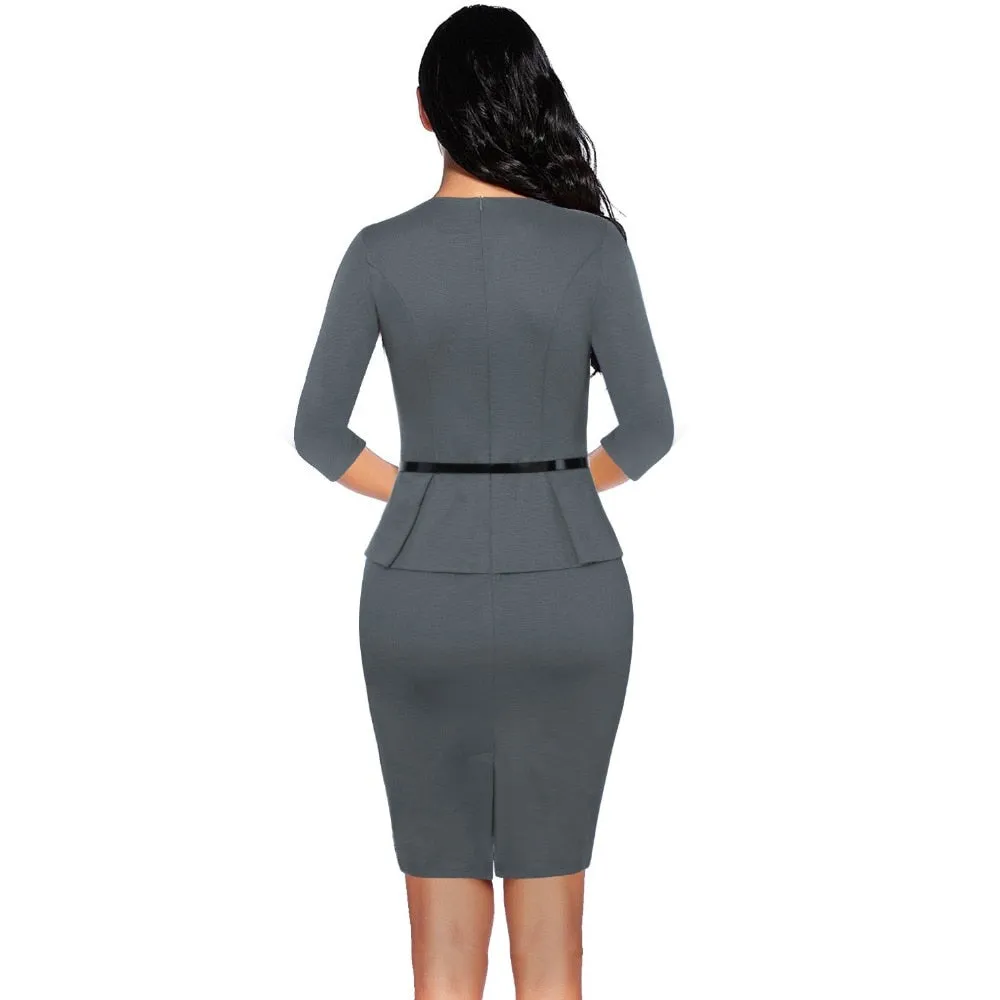 Spring Vintage Elegant Work Wear with Belt Peplum vestidos Business Party Bodycon Office Career Dress for Women