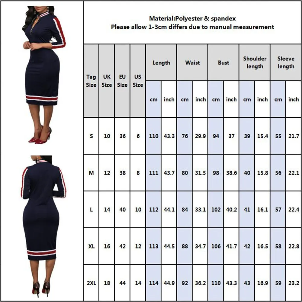Spring Women Long Sleeve Sport Style Dress Silver Zipper Half Neck Stripe Color Matching Dress Stretch Bodycon D30