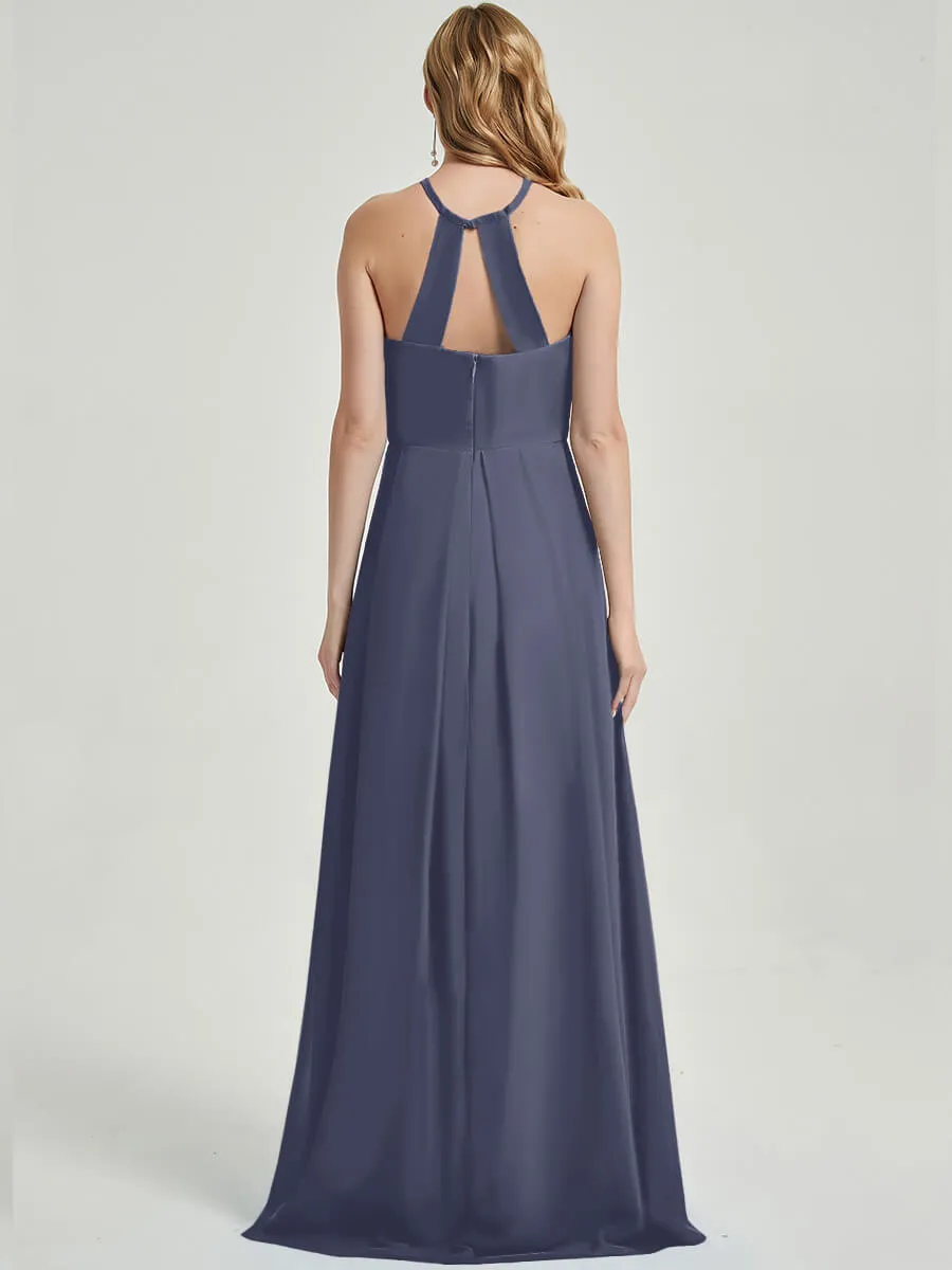Stormy Halter Sleeveless Empire Pleated Backless Chiffon Bridesmaid Dress