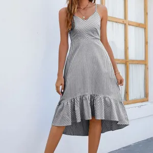 Strap Sleeveless A-Line Stripe Ruffles Casual Fashion Boho Summer Midi Spaghetti Dress