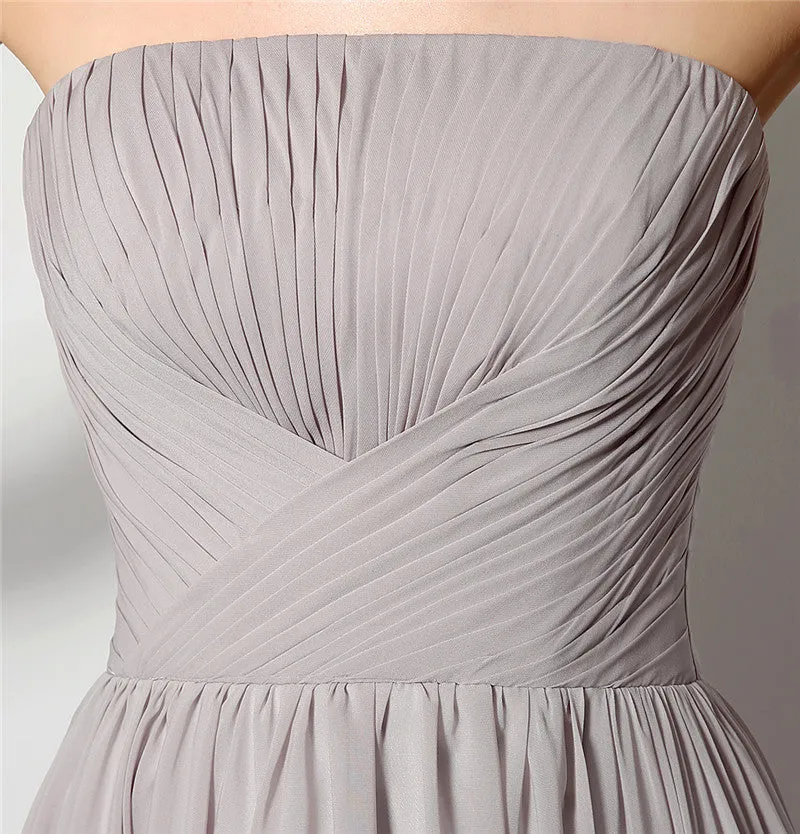 Strapless A Line Chiffon Long Silver Bridesmaid Dresses