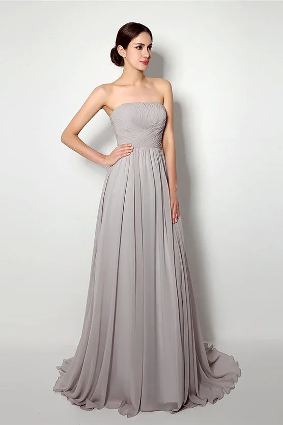Strapless A Line Chiffon Long Silver Bridesmaid Dresses