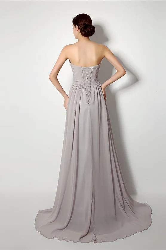 Strapless A Line Chiffon Long Silver Bridesmaid Dresses
