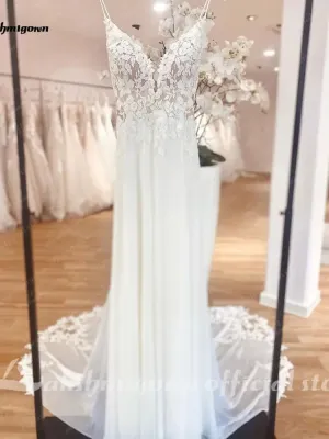 Straps Boho Lace Wedding Dress V Neck Lace Appliqued Chiffon