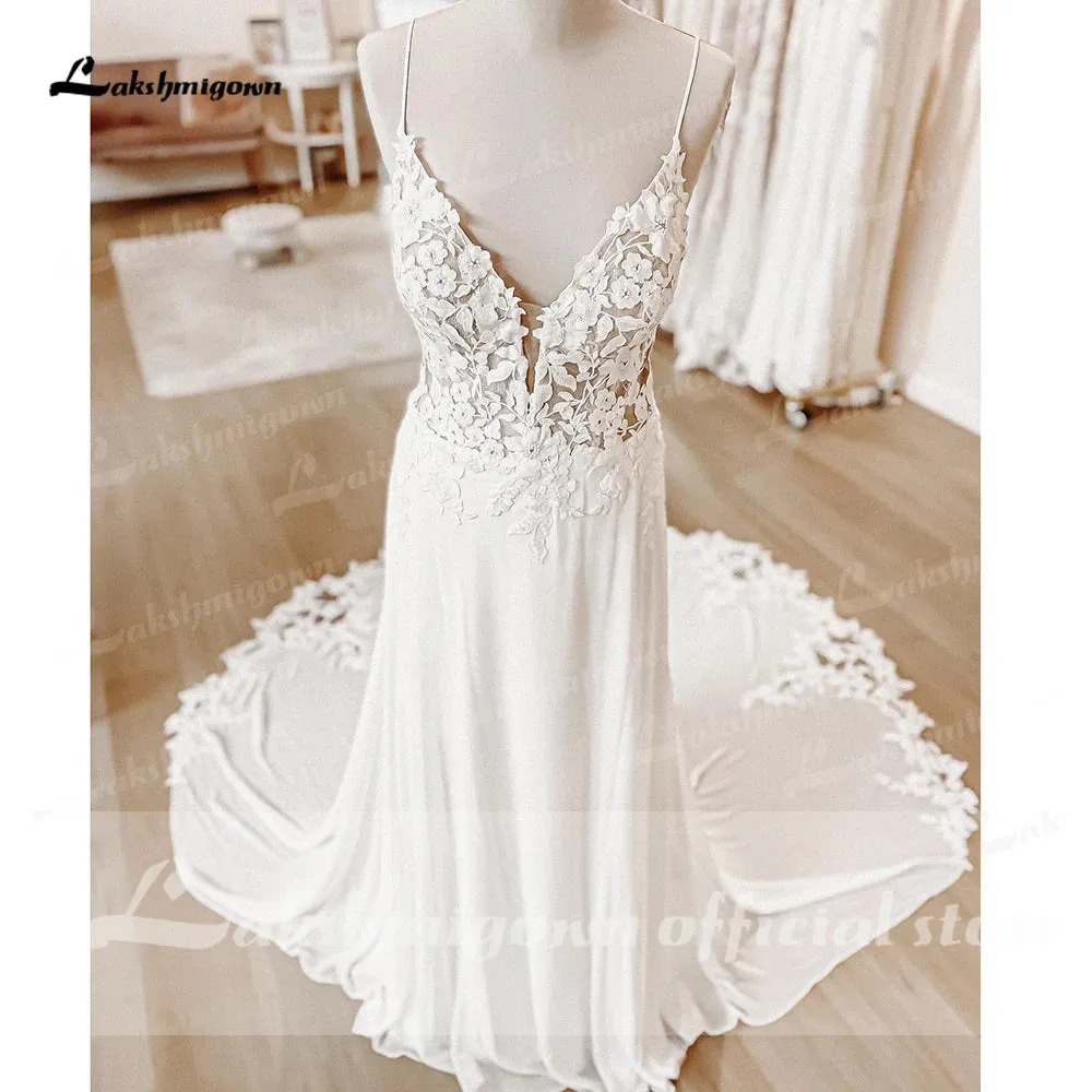 Straps Boho Lace Wedding Dress V Neck Lace Appliqued Chiffon
