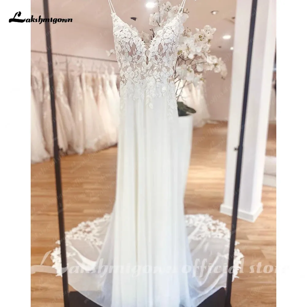 Straps Boho Lace Wedding Dress V Neck Lace Appliqued Chiffon