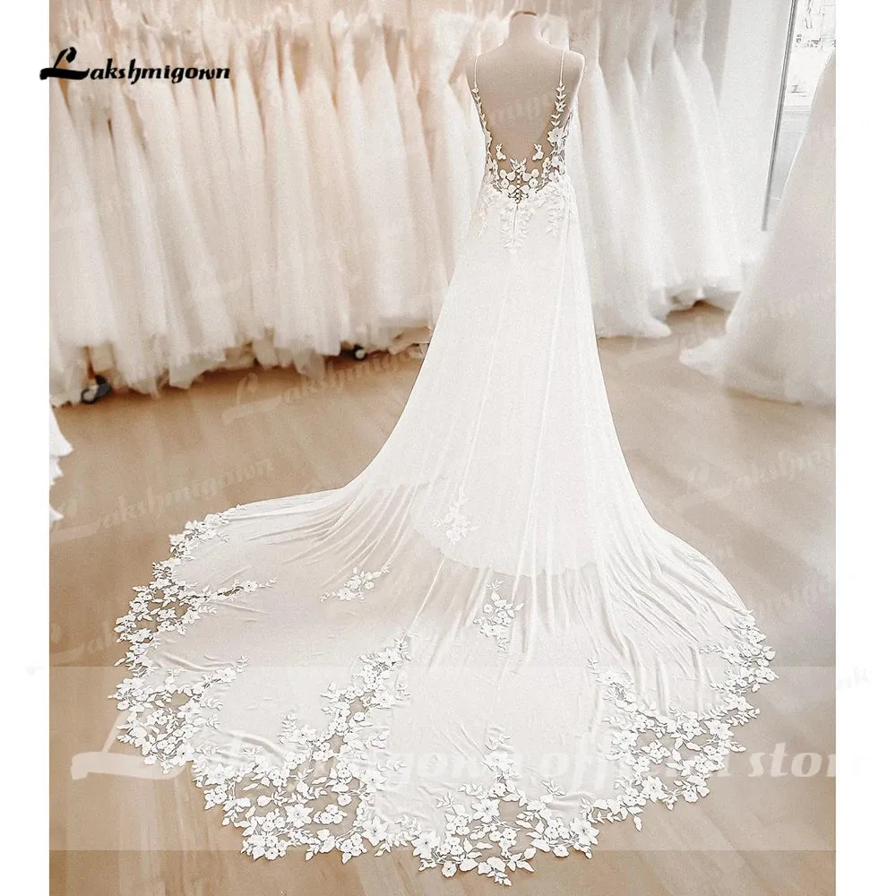 Straps Boho Lace Wedding Dress V Neck Lace Appliqued Chiffon