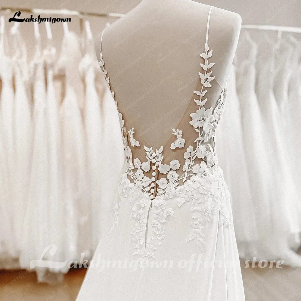 Straps Boho Lace Wedding Dress V Neck Lace Appliqued Chiffon