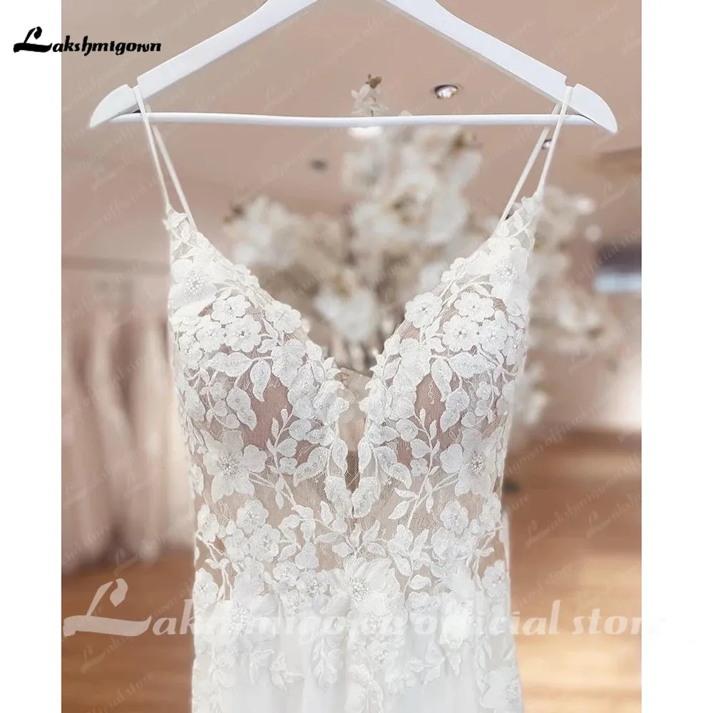 Straps Boho Lace Wedding Dress V Neck Lace Appliqued Chiffon