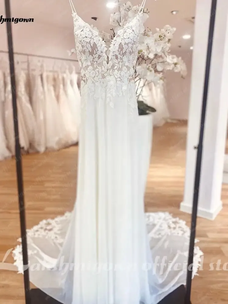 Straps Boho Lace Wedding Dress V Neck Lace Appliqued Chiffon