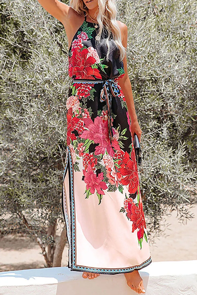 Street Print Slit Halter A Line Dresses