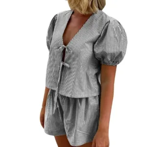 Stripe Print Short Puff Sleeves Bow Tie Front Tops With Elastic Waist Shorts