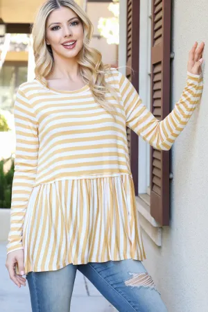 Stripe Reverse Cover Stitched Shirring Hem Top