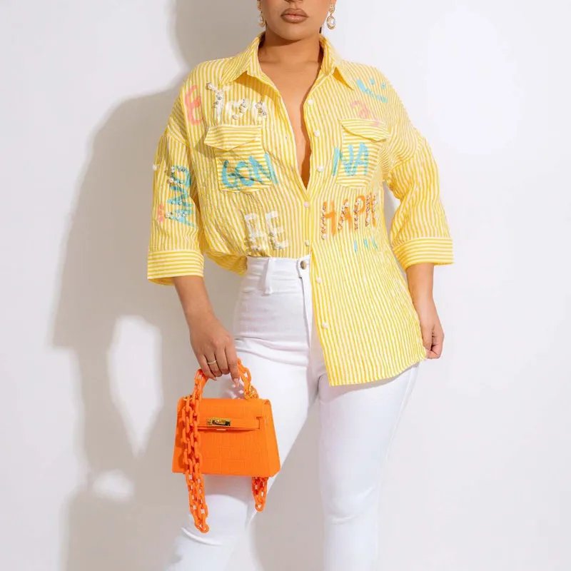 Striped Letter Print Long Sleeve Blouse