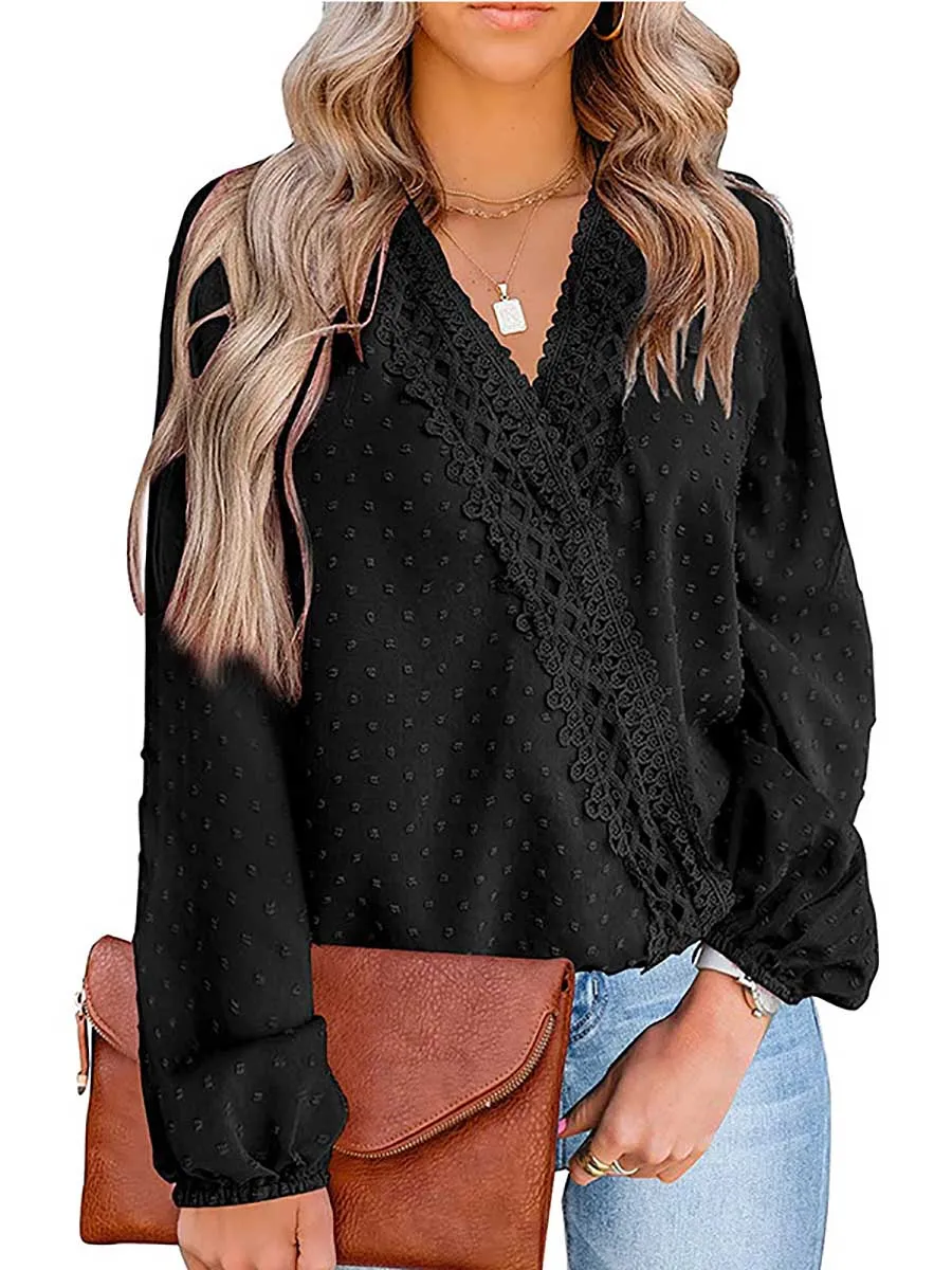 Stunncal Chiffon Casual Lace Blouse V-Neck Top