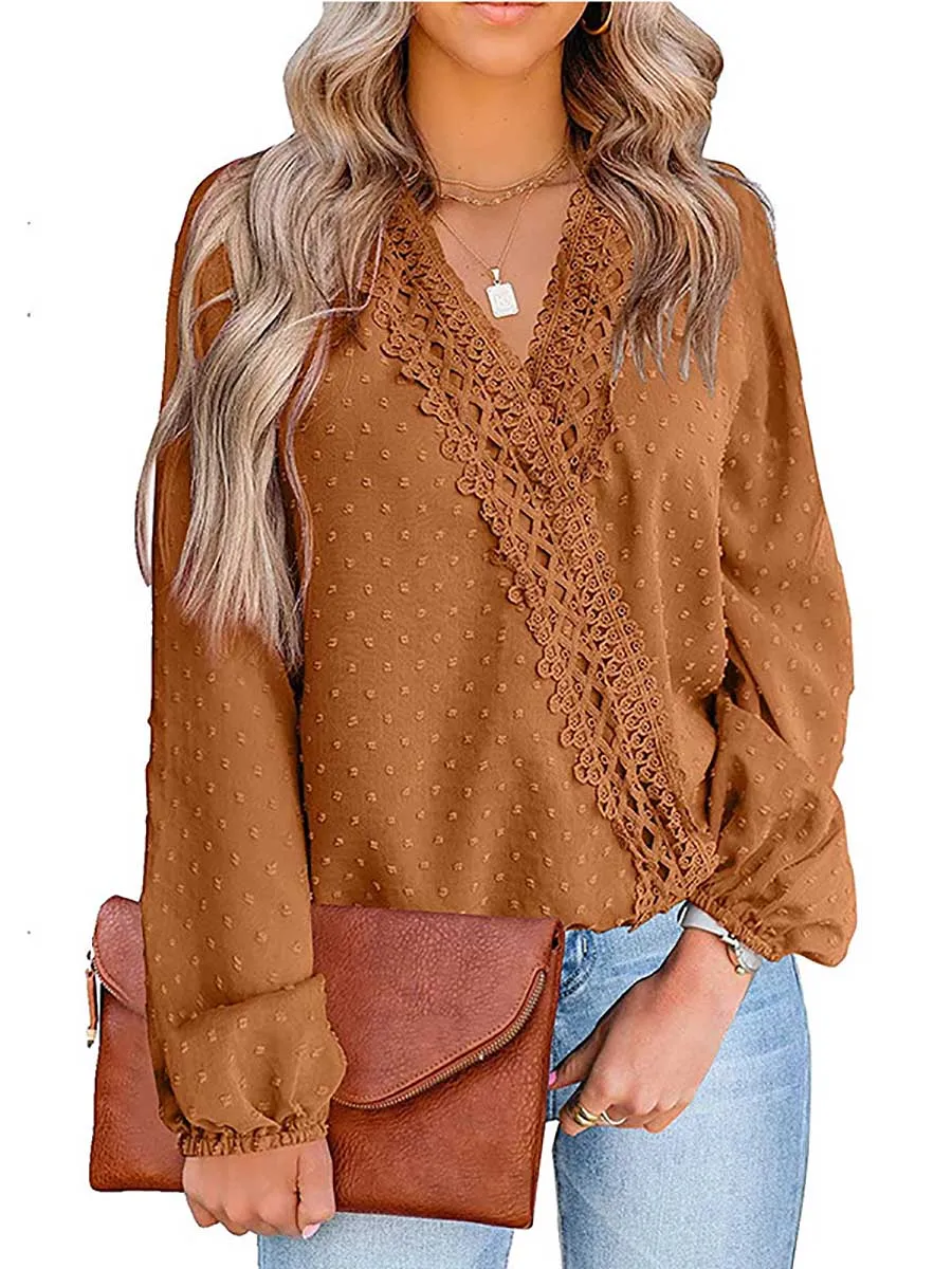 Stunncal Chiffon Casual Lace Blouse V-Neck Top