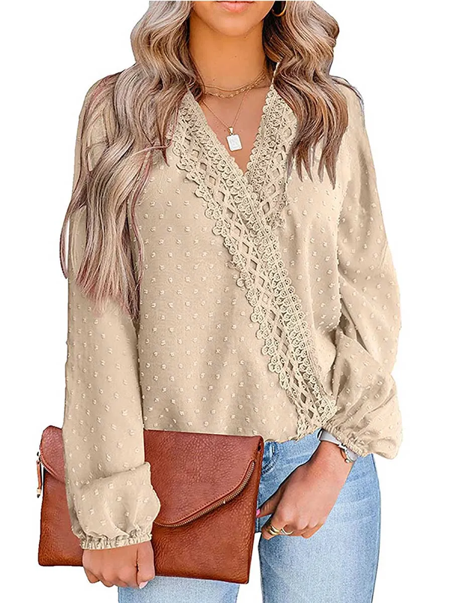 Stunncal Chiffon Casual Lace Blouse V-Neck Top