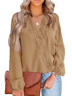 Stunncal Chiffon Casual Lace Blouse V-Neck Top