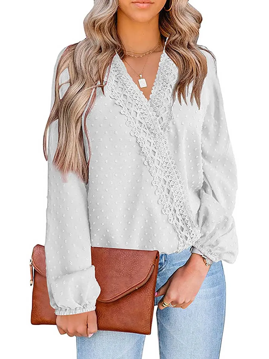 Stunncal Chiffon Casual Lace Blouse V-Neck Top