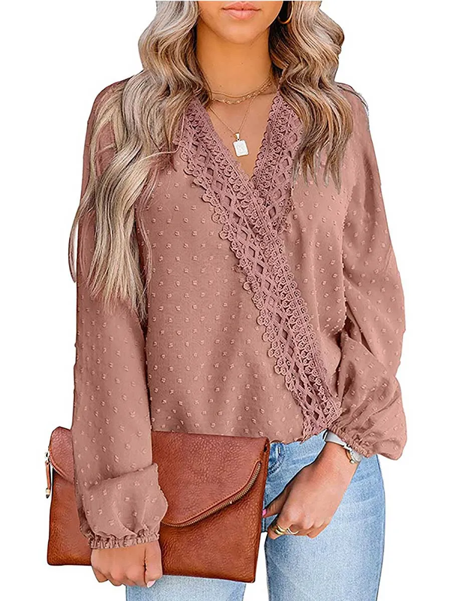 Stunncal Chiffon Casual Lace Blouse V-Neck Top