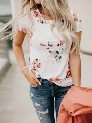 Stunncal Short Sleeve Flower Print Round Neck Casual Wear T-Shirt