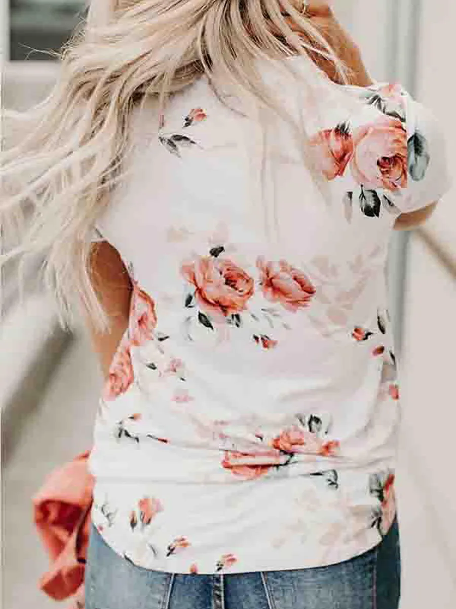 Stunncal Short Sleeve Flower Print Round Neck Casual Wear T-Shirt