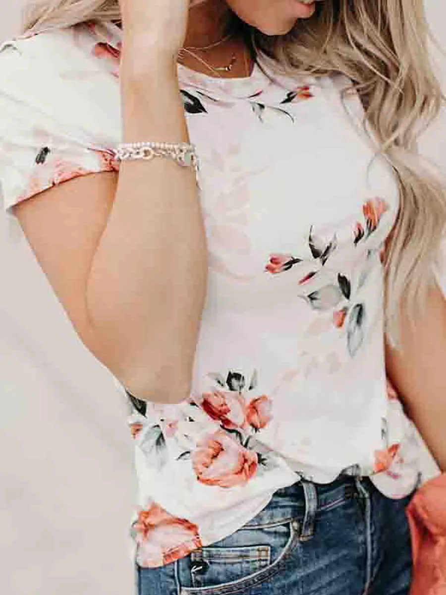Stunncal Short Sleeve Flower Print Round Neck Casual Wear T-Shirt
