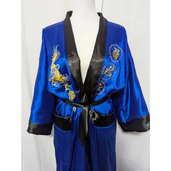 STUNNING GENUINE DRAGON BACK, BLUE &amp; BLACK EMBROIDERED REVERSIBLE KIMONO! SZ OS