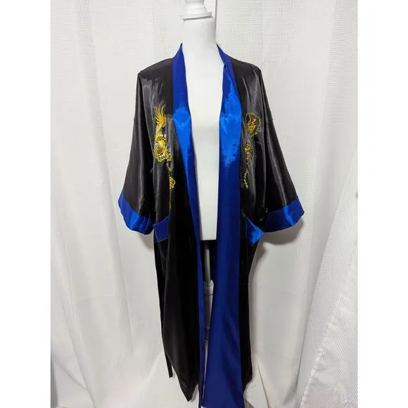 STUNNING GENUINE DRAGON BACK, BLUE &amp; BLACK EMBROIDERED REVERSIBLE KIMONO! SZ OS