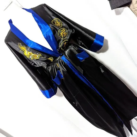 STUNNING GENUINE DRAGON BACK, BLUE &amp; BLACK EMBROIDERED REVERSIBLE KIMONO! SZ OS