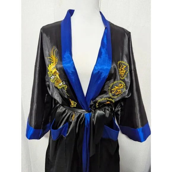 STUNNING GENUINE DRAGON BACK, BLUE &amp; BLACK EMBROIDERED REVERSIBLE KIMONO! SZ OS