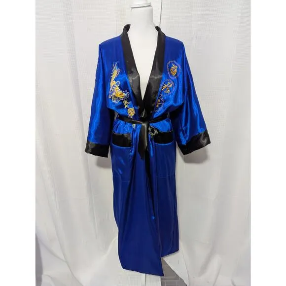 STUNNING GENUINE DRAGON BACK, BLUE &amp; BLACK EMBROIDERED REVERSIBLE KIMONO! SZ OS