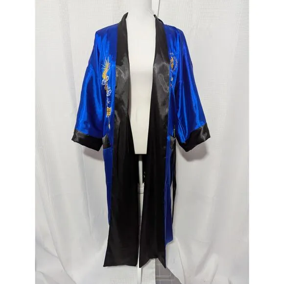 STUNNING GENUINE DRAGON BACK, BLUE &amp; BLACK EMBROIDERED REVERSIBLE KIMONO! SZ OS