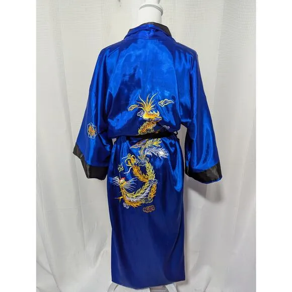 STUNNING GENUINE DRAGON BACK, BLUE &amp; BLACK EMBROIDERED REVERSIBLE KIMONO! SZ OS