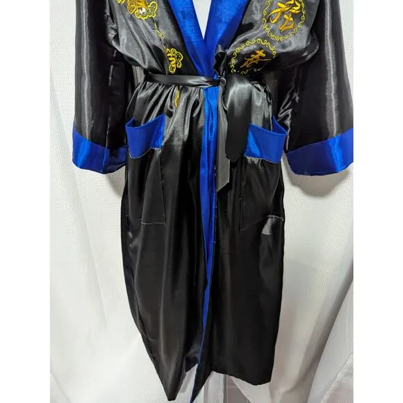 STUNNING GENUINE DRAGON BACK, BLUE &amp; BLACK EMBROIDERED REVERSIBLE KIMONO! SZ OS