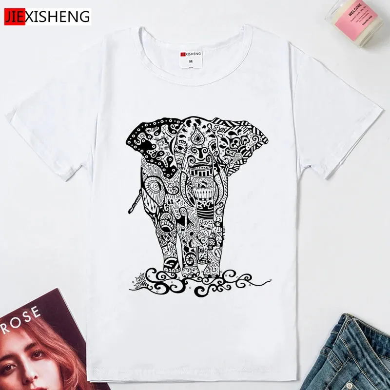 Summer 2021 Cartoons Funny T shirts Women Fashion Short Sleeve O-Neck Tee Shirt Elephant printed Top Crop HH170