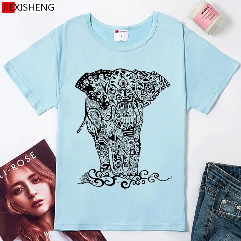 Summer 2021 Cartoons Funny T shirts Women Fashion Short Sleeve O-Neck Tee Shirt Elephant printed Top Crop HH170