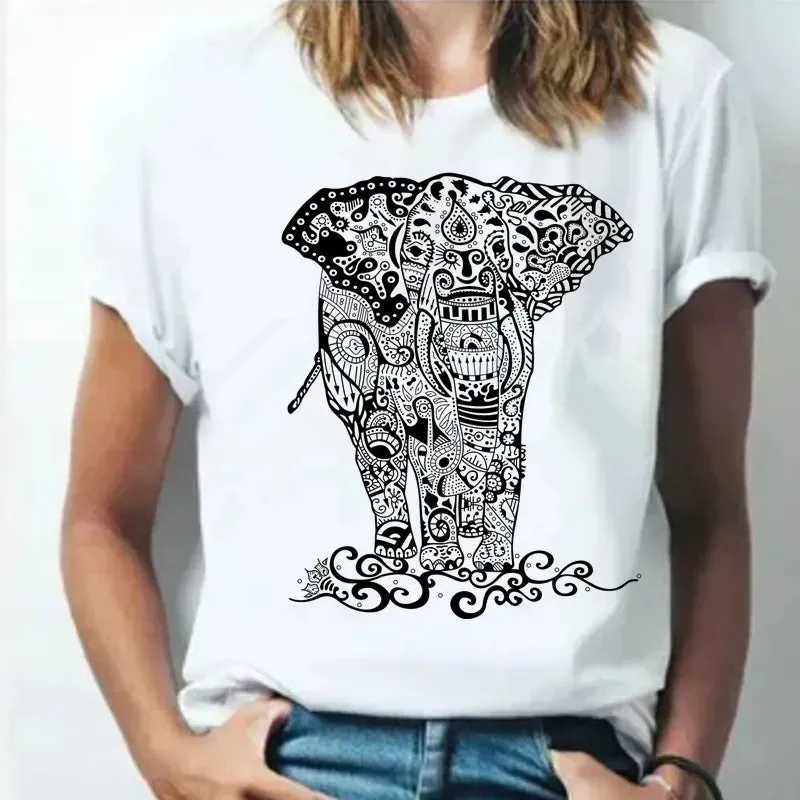 Summer 2021 Cartoons Funny T shirts Women Fashion Short Sleeve O-Neck Tee Shirt Elephant printed Top Crop HH170