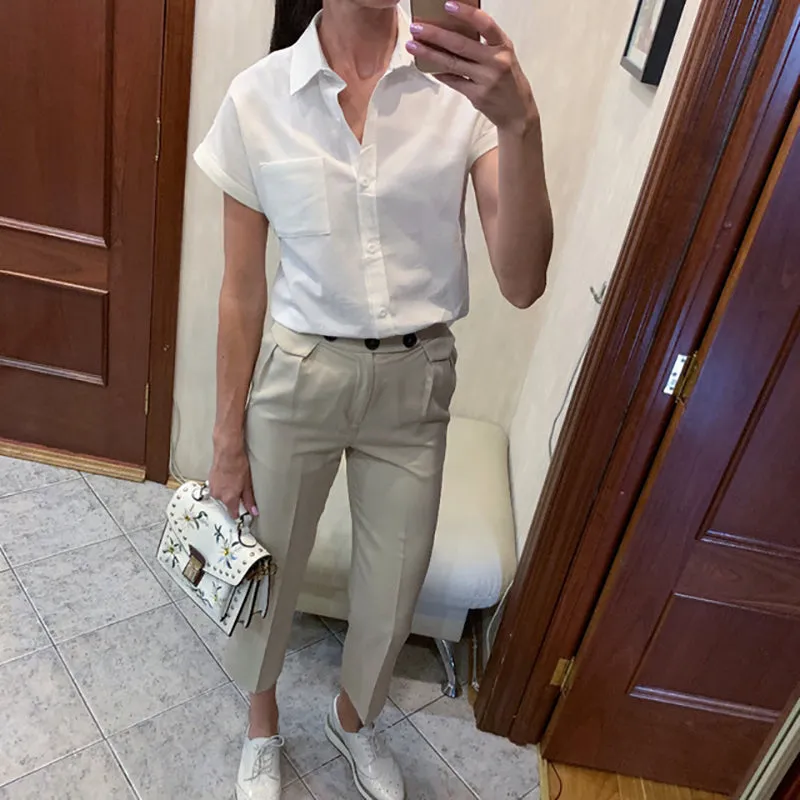 Summer Casual blouse women Turn-down Collar S