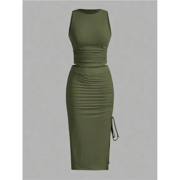 Summer Casual Military Green Ruched Camisole Top &amp; Tight Split Skirt Set