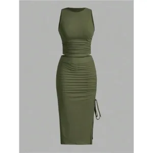 Summer Casual Military Green Ruched Camisole Top &amp; Tight Split Skirt Set