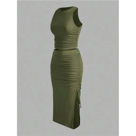 Summer Casual Military Green Ruched Camisole Top &amp; Tight Split Skirt Set