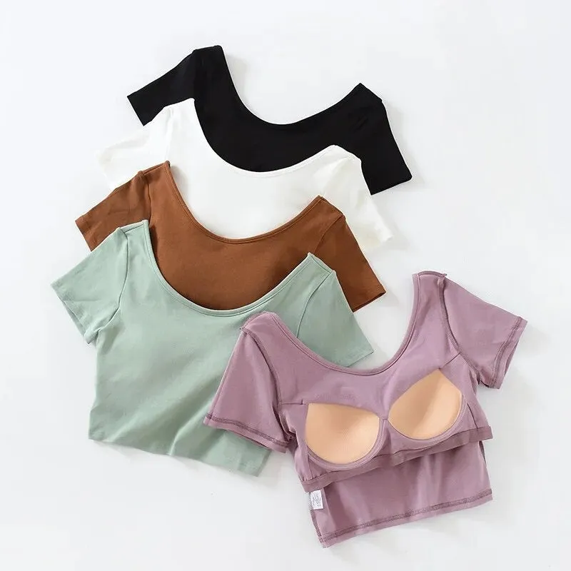 Summer Crop Tops with Built in Bra Round Neck Cotton