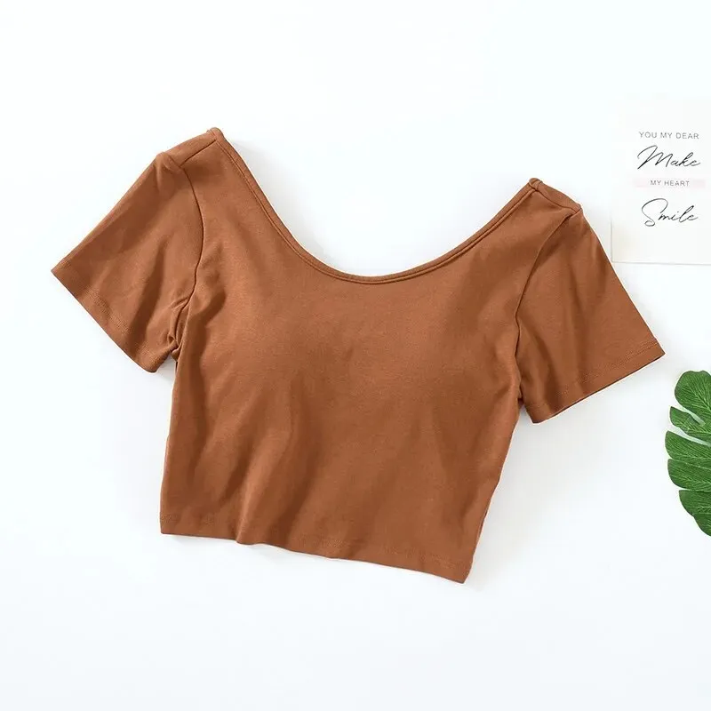 Summer Crop Tops with Built in Bra Round Neck Cotton