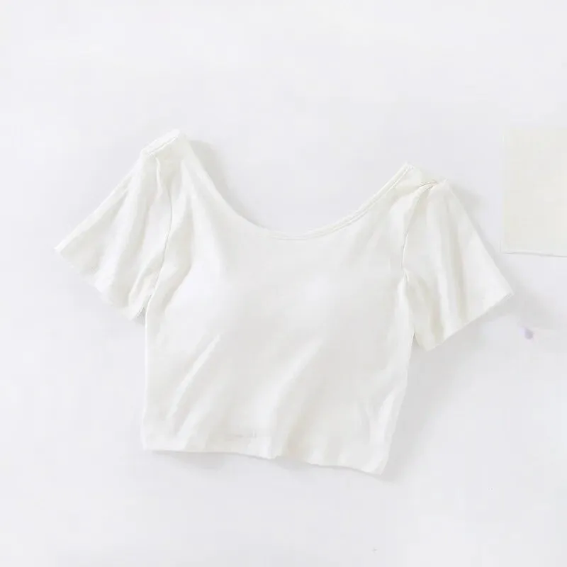 Summer Crop Tops with Built in Bra Round Neck Cotton