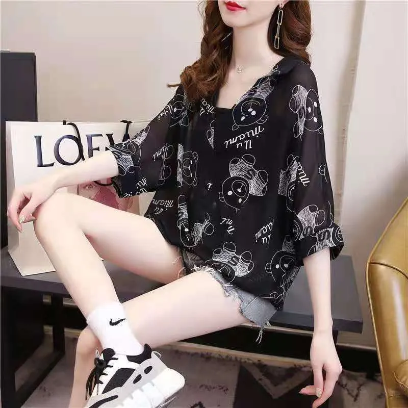 Summer new style plus size women's chiffon shirt female short-sleeved bat sleeve Korean version was thin wild shirt